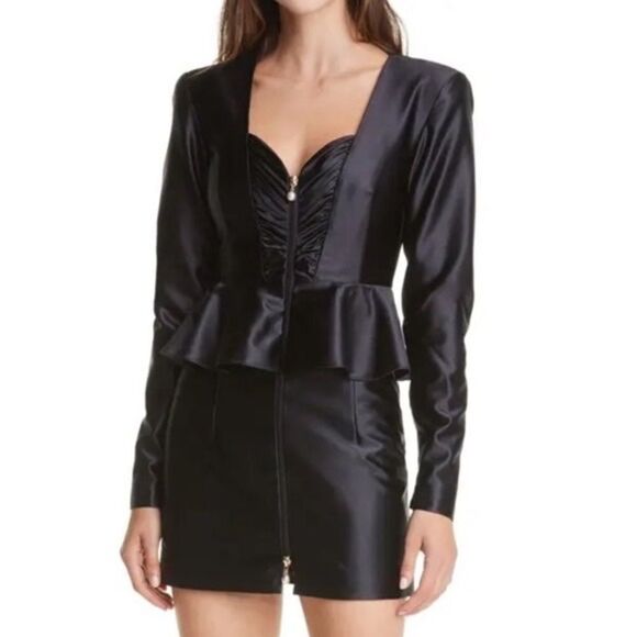 Rotate Birger Christensen Annie Black Satin Long Sleeve Peplum Mini Dress Size 8 - Picture 1 of 10